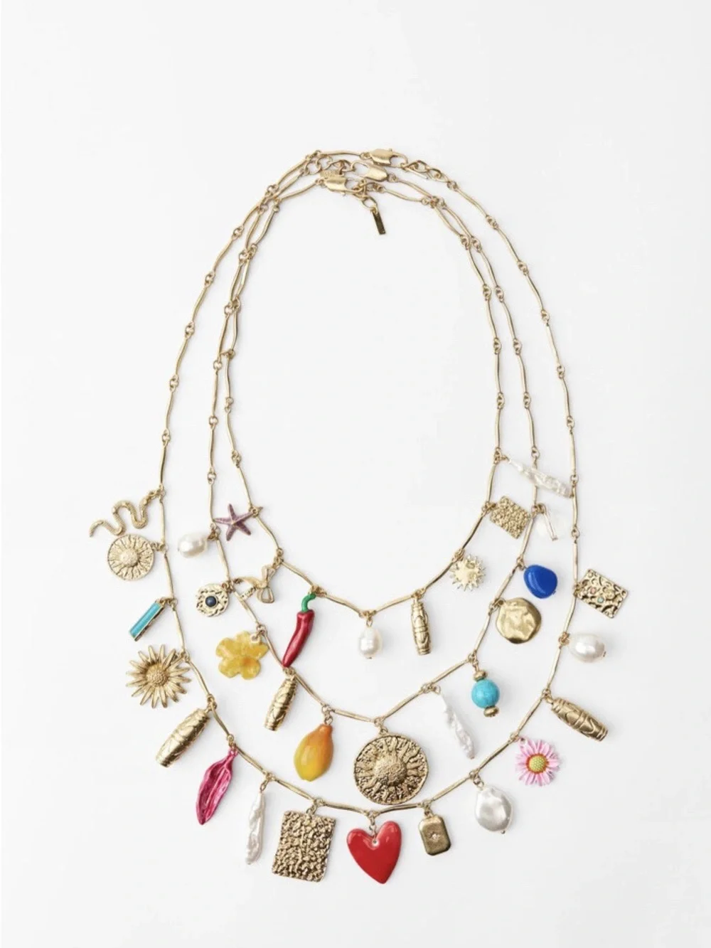 Zara Gold Multi-Charm Layered Necklace with Red, Blue and Pink Accents - Picture 3 of 7